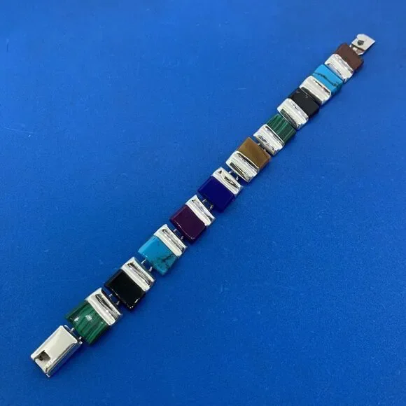 Vintage Designer Taxco Sterling Silver Mixed Colored Gemstone Cabochon Bracelet